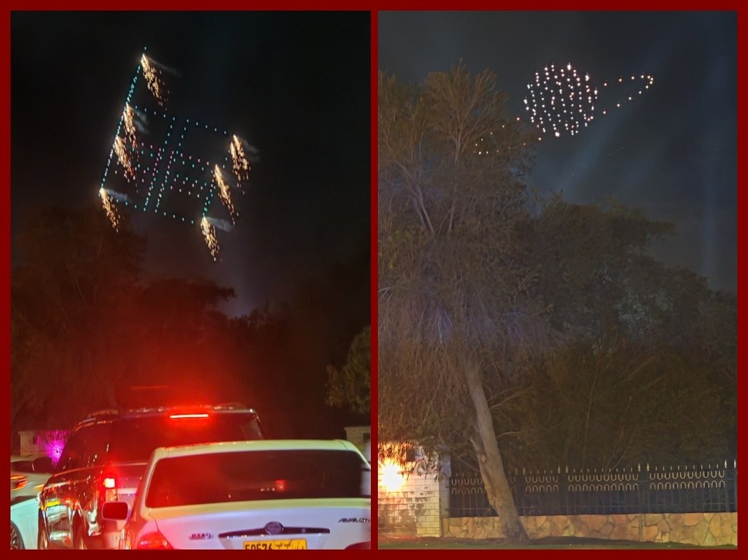 Dronová show, vidíme z diaľnice (parkujeme na krajnici :D), keď sme sa už vymotali zo zápchy