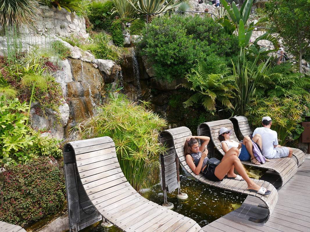 Botanická záhrada - Relaxačná záhrada s lehátkami a vodopádikom