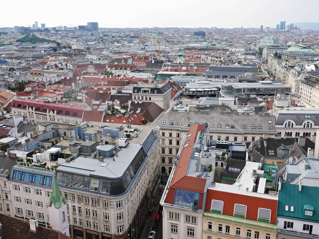 Katedrála sv. Štefana - výhľad z Južnej veže - v strede kostol sv. Karola (Karlskirche), vľavo Belvedér