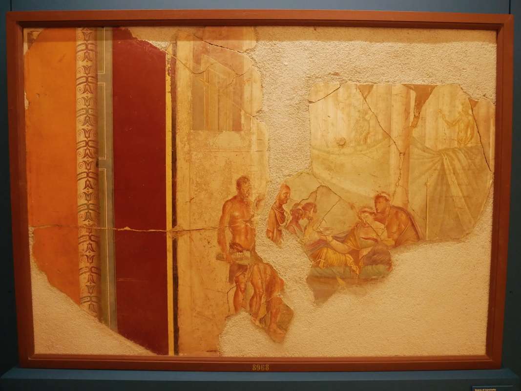 Banketová scéna, nástenná maľba z Domu Giuseppe II v Pompejách