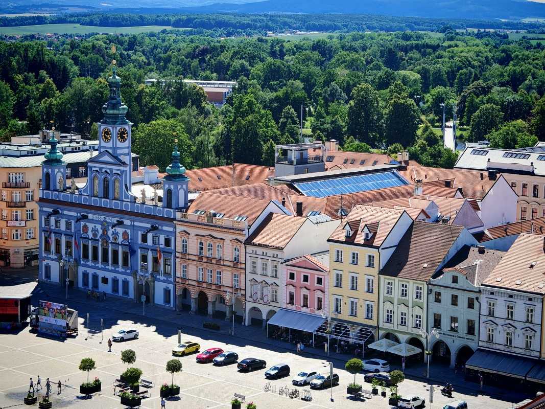 České Budějovice, Čierna veža, výhľad na Námestie Přemysla Otakara II.