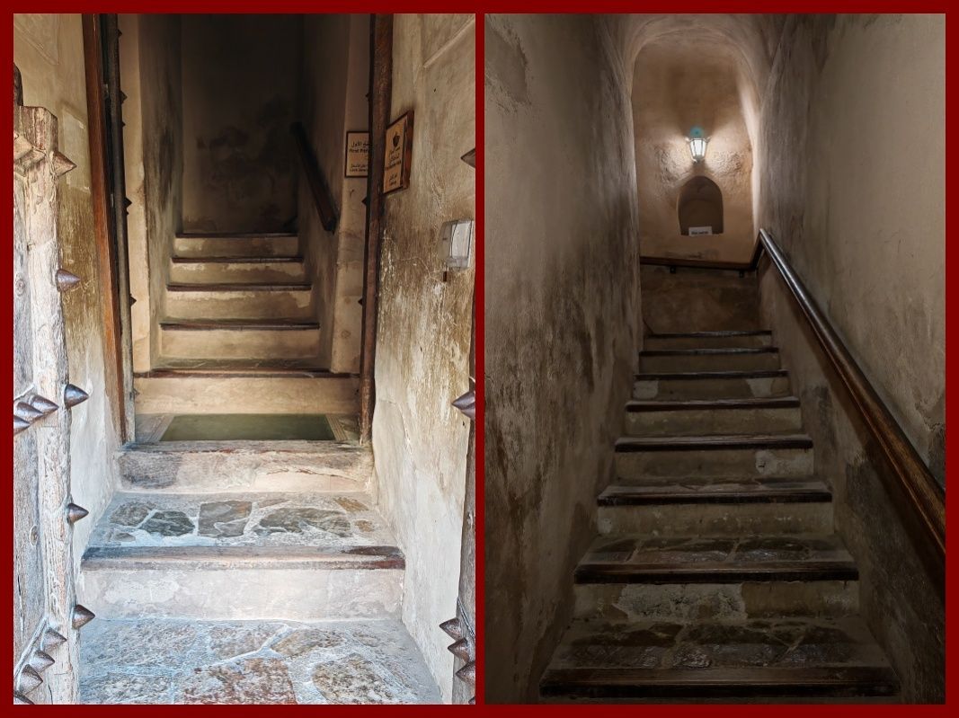 Nizwa Fort, výstup na vežu, prepadlisko pod schodom